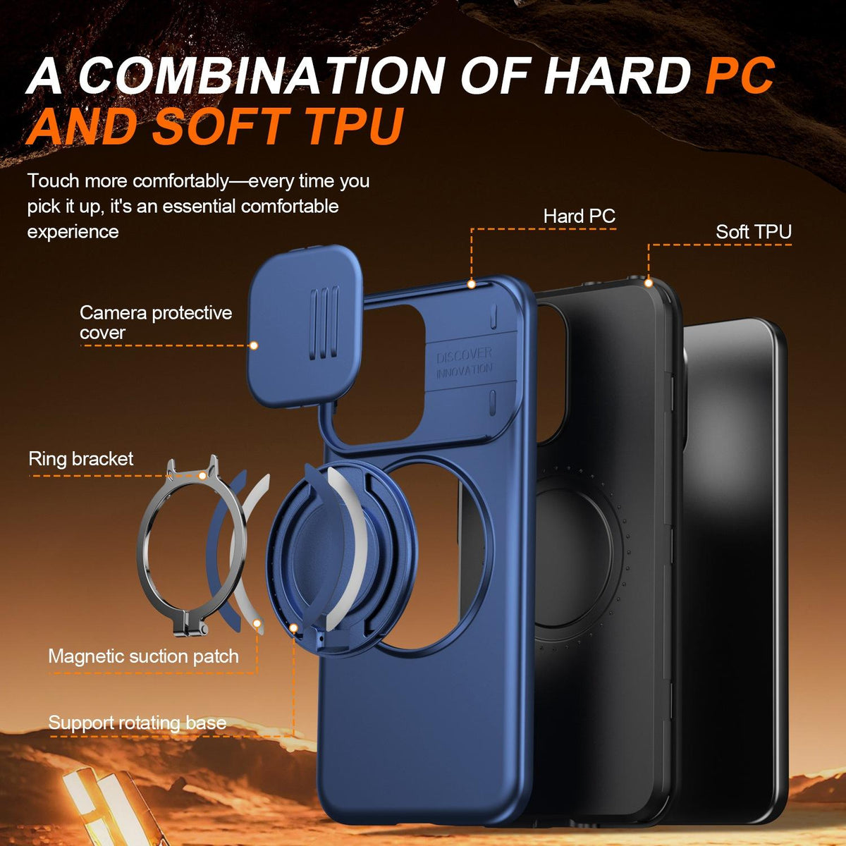 For OPPO Reno14 F 5G Camera Sliding Shield Magnetic Rotation Holder Phone Case - Blue - EDA009691203B
