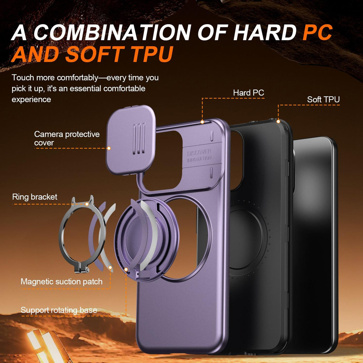 For OPPO Reno14 F 5G Camera Sliding Shield Magnetic Rotation Holder Phone Case - Purple - EDA009691203D