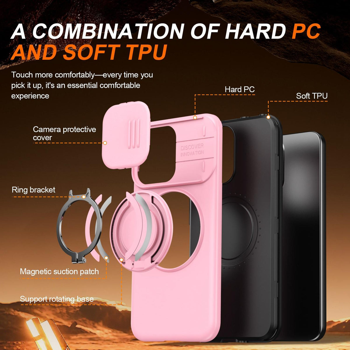 For OPPO Reno14 F 5G Camera Sliding Shield Magnetic Rotation Holder Phone Case - Pink - EDA009691203E