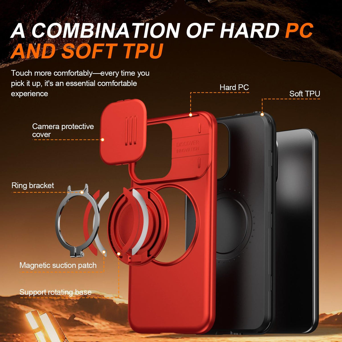 For OPPO Reno14 F 5G Camera Sliding Shield Magnetic Rotation Holder Phone Case - Red - EDA009691203F