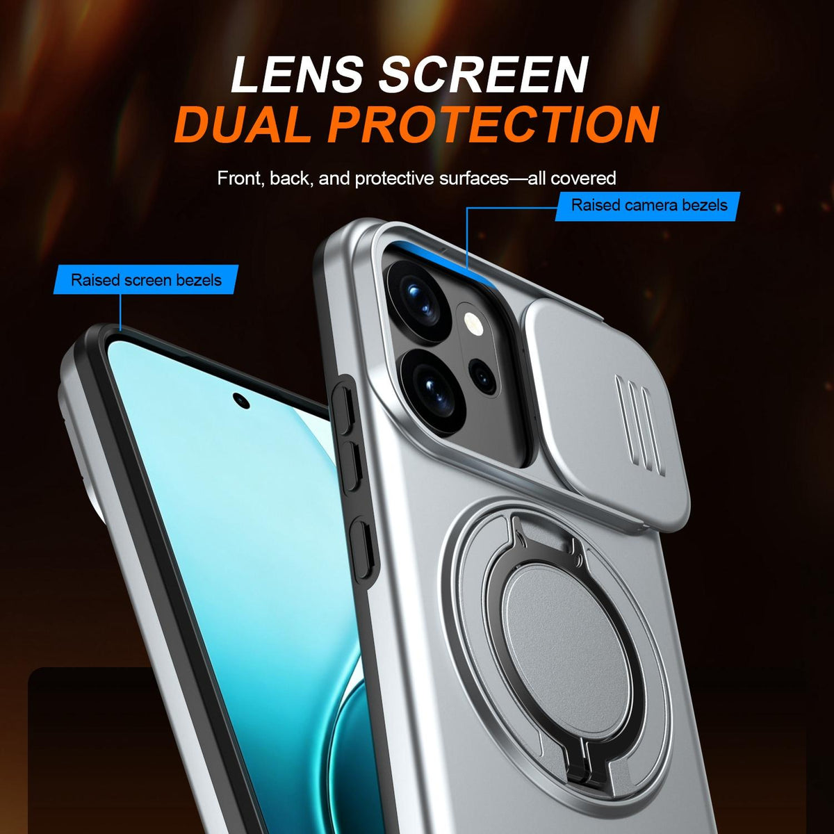 For OPPO Reno14 F 5G Camera Sliding Shield Magnetic Rotation Holder Phone Case - Silver - EDA009691203G