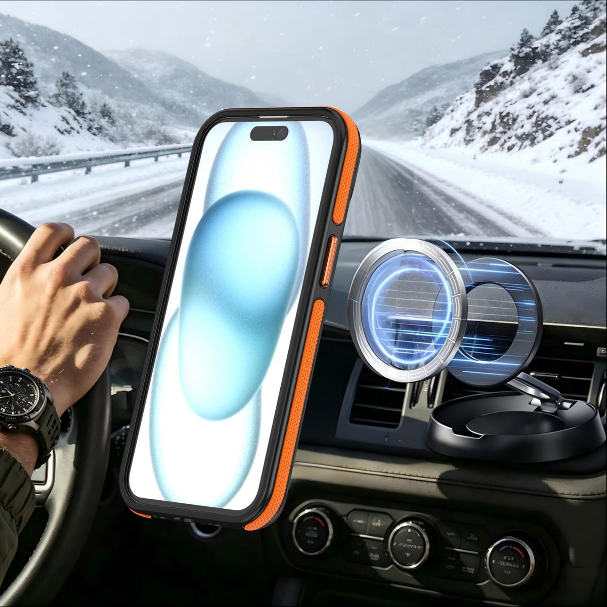 For iPhone 15 Plus / 14 Plus Dual Color Skin Feel 360 Degree Rotation Holder Magnetic Phone Case - Orange - EDA009691511A