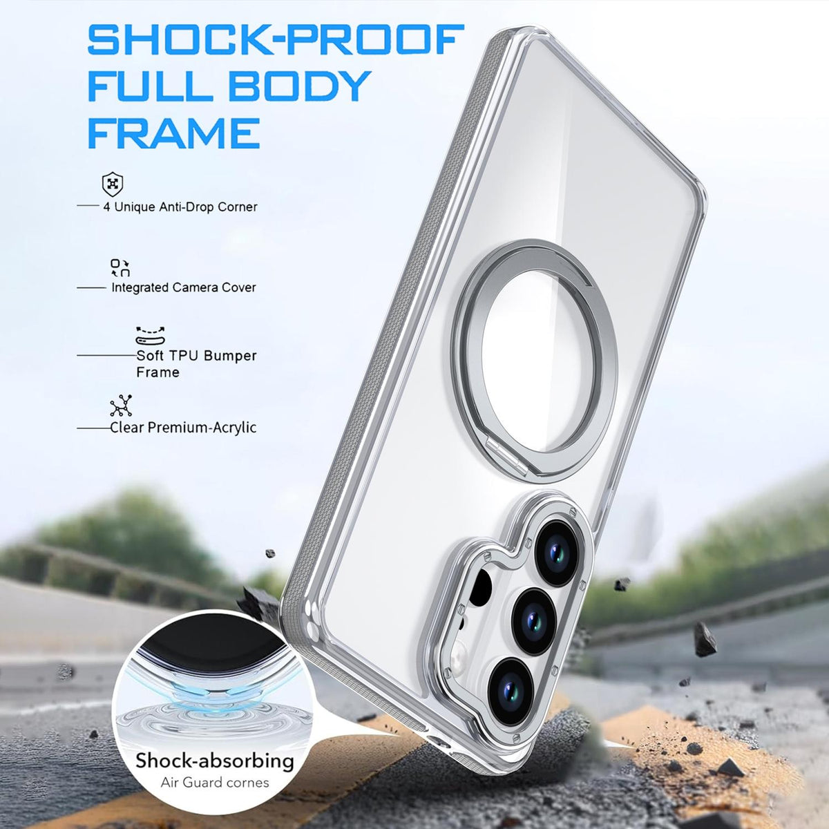 For Galaxy S24 Ultra 5G Dual Color Clear 360 Degree Rotation Holder Magnetic Phone Case - Grey - EDA009691907D
