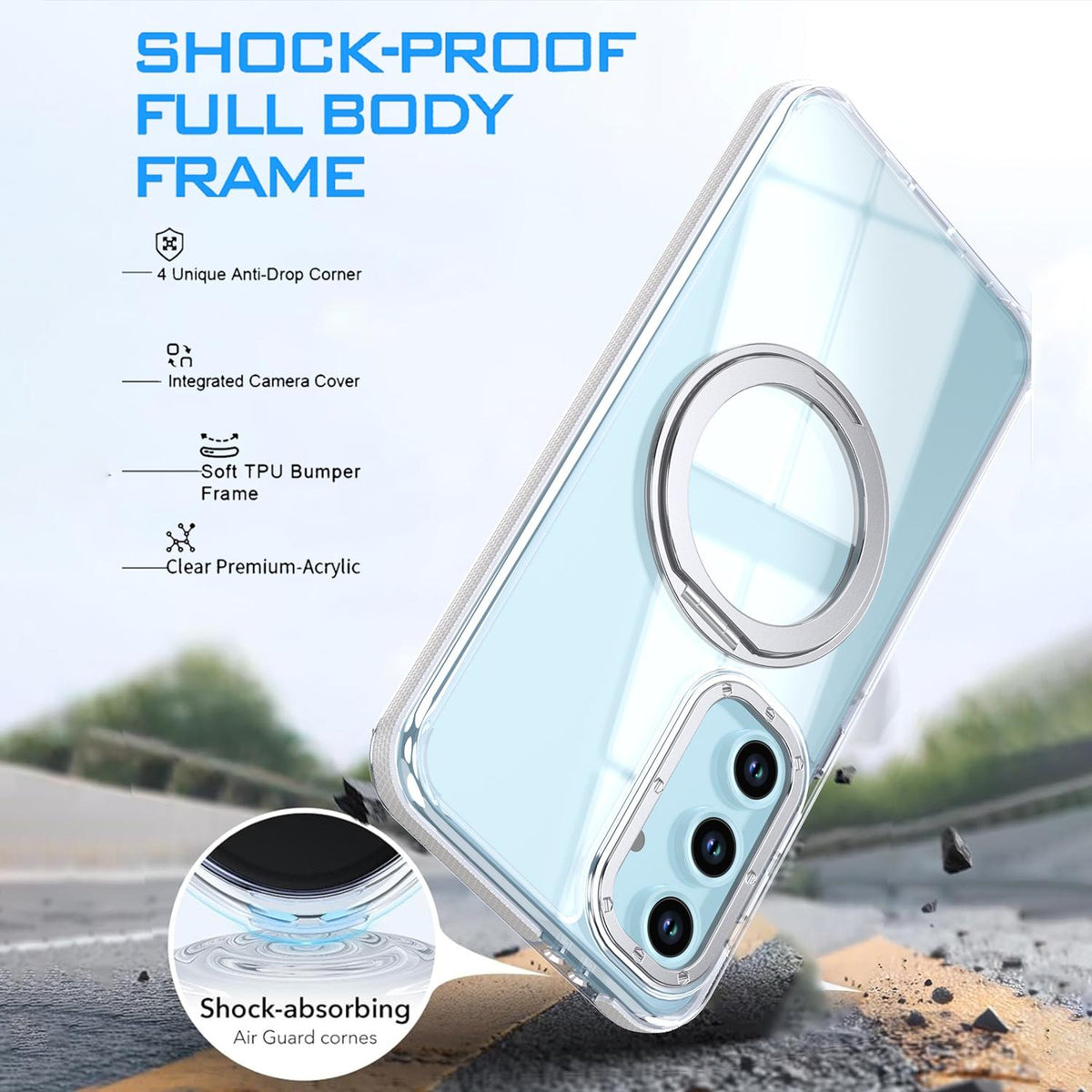 For Galaxy S23 FE 5G Dual Color Clear 360 Degree Rotation Holder Magnetic Phone Case - White - EDA009691912A