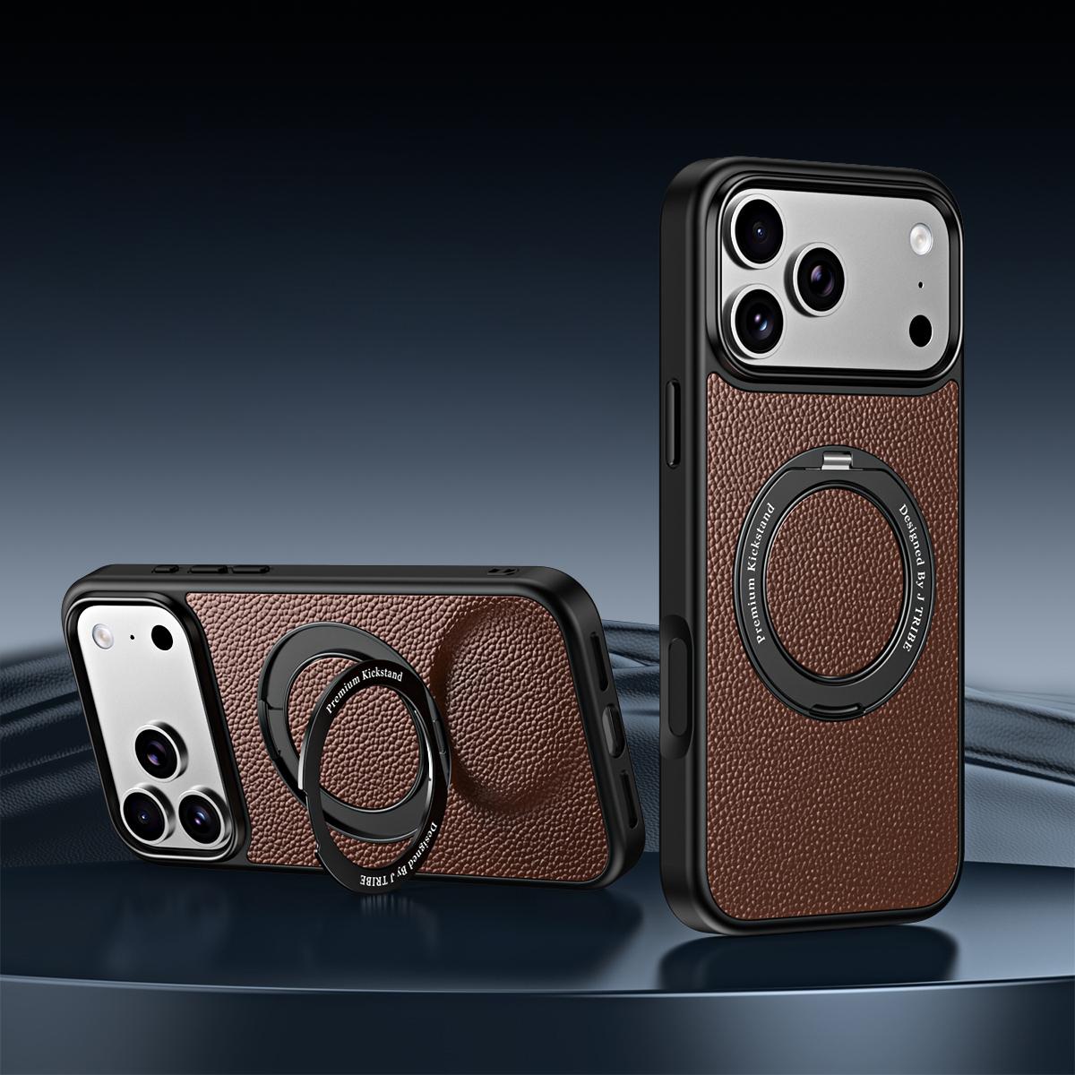 For iPhone 18 Pro / 17 Pro 360 Degree Rotation Holder Magnetic Vegan Leather Phone Case - Coffee Brown - EDA009692205D