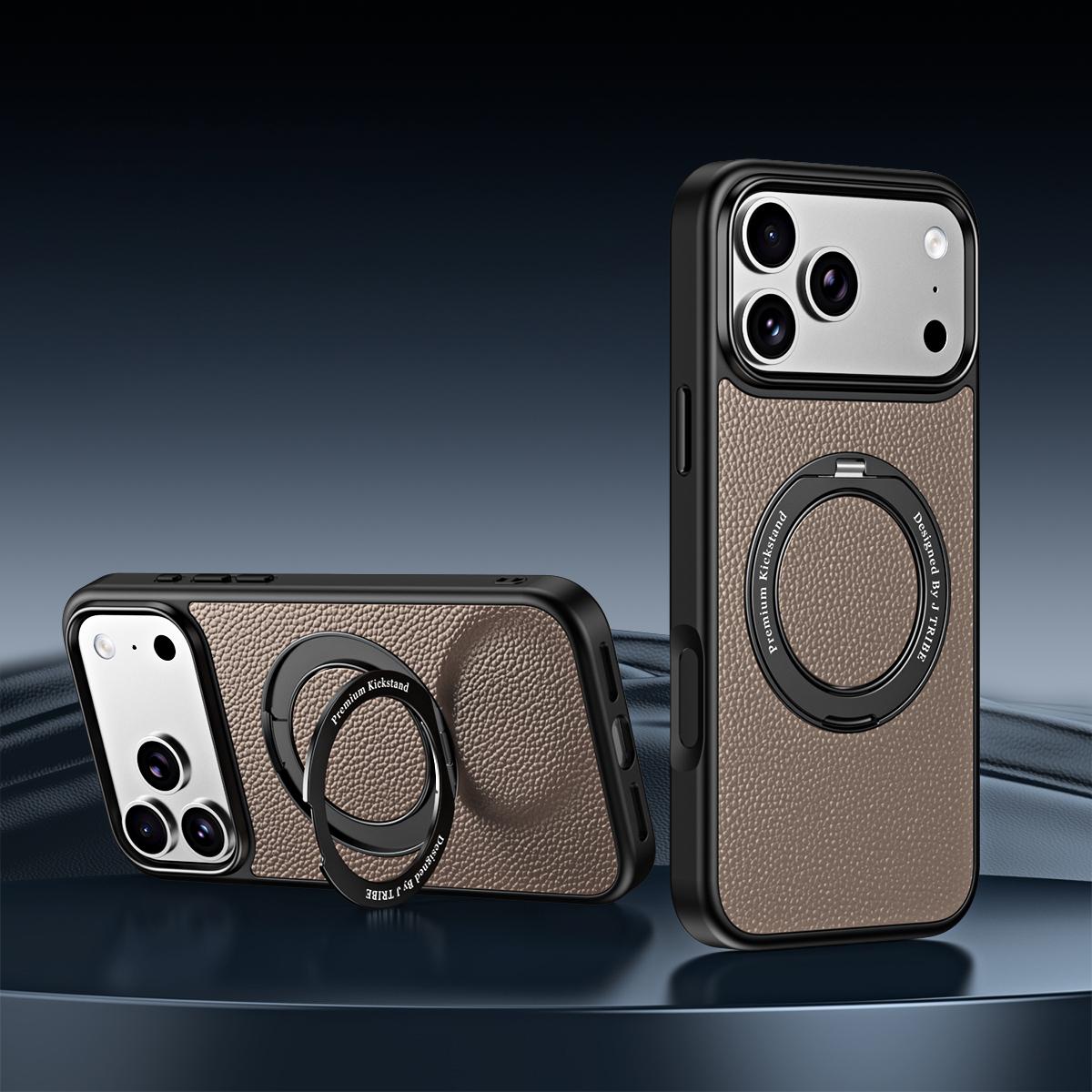For iPhone 18 Pro / 17 Pro 360 Degree Rotation Holder Magnetic Vegan Leather Phone Case - Truffle Brown - EDA009692205G