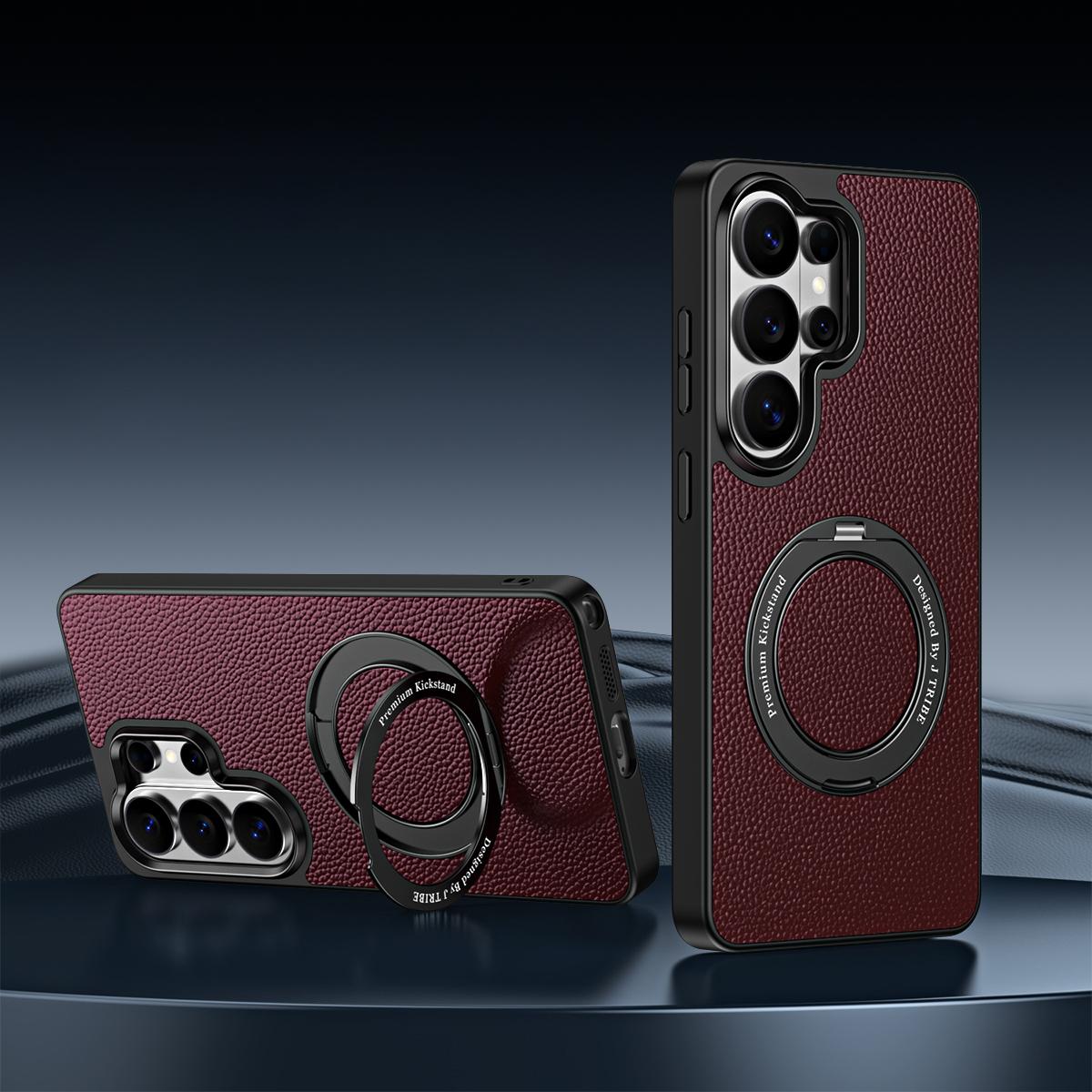 For Galaxy S26 Ultra 5G 360 Degree Rotation Holder Magnetic Vegan Leather Phone Case - Tea Purple - EDA009692302B