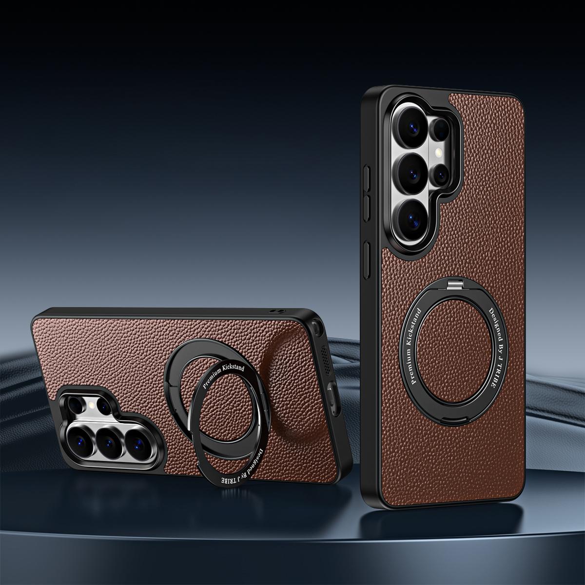 For Galaxy S26 Ultra 5G 360 Degree Rotation Holder Magnetic Vegan Leather Phone Case - Coffee Brown - EDA009692302D
