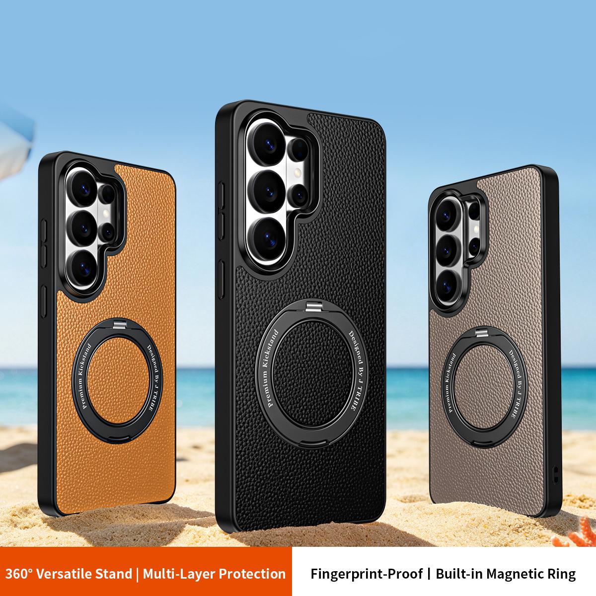 For Galaxy S26 Ultra 5G 360 Degree Rotation Holder Magnetic Vegan Leather Phone Case - Black - EDA009692302A
