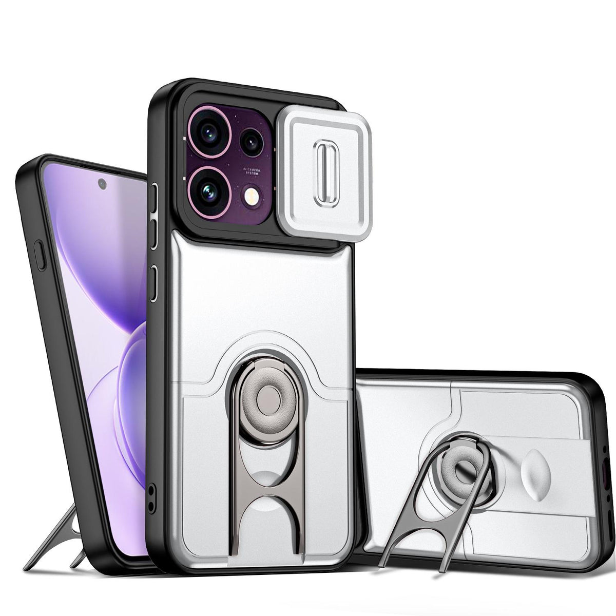 For OPPO Reno16 F 5G Global Sliding Camera Cover 2 in 1 Rotating Holder Air Bag Shockproof Phone Case - Silvery - EDA009696105A