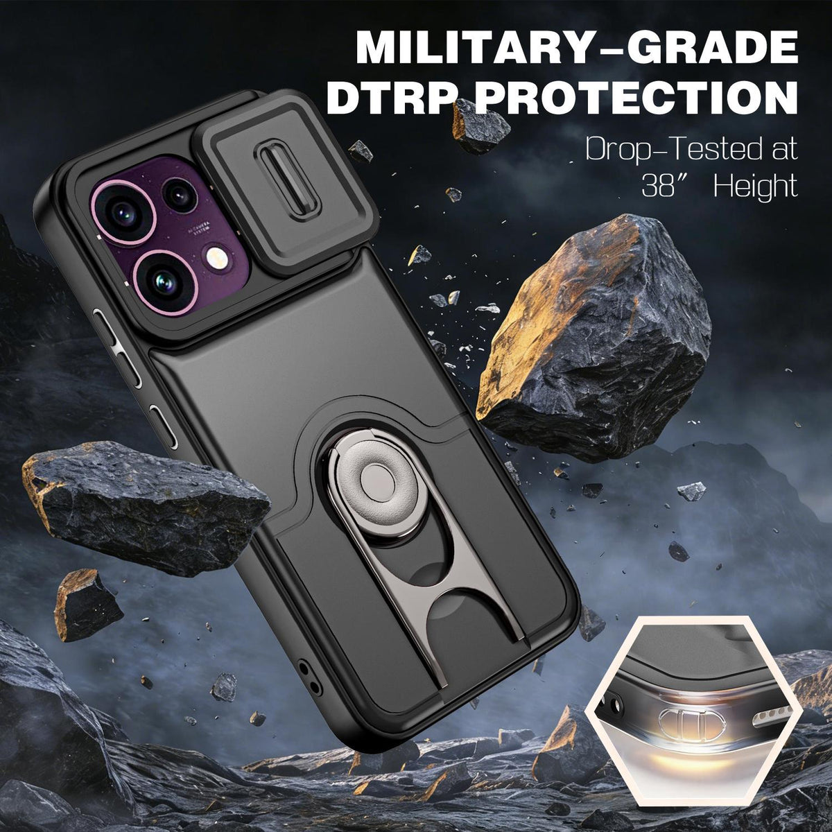 For OPPO Reno16 F 5G Global Sliding Camera Cover 2 in 1 Rotating Holder Air Bag Shockproof Phone Case - Black - EDA009696105B