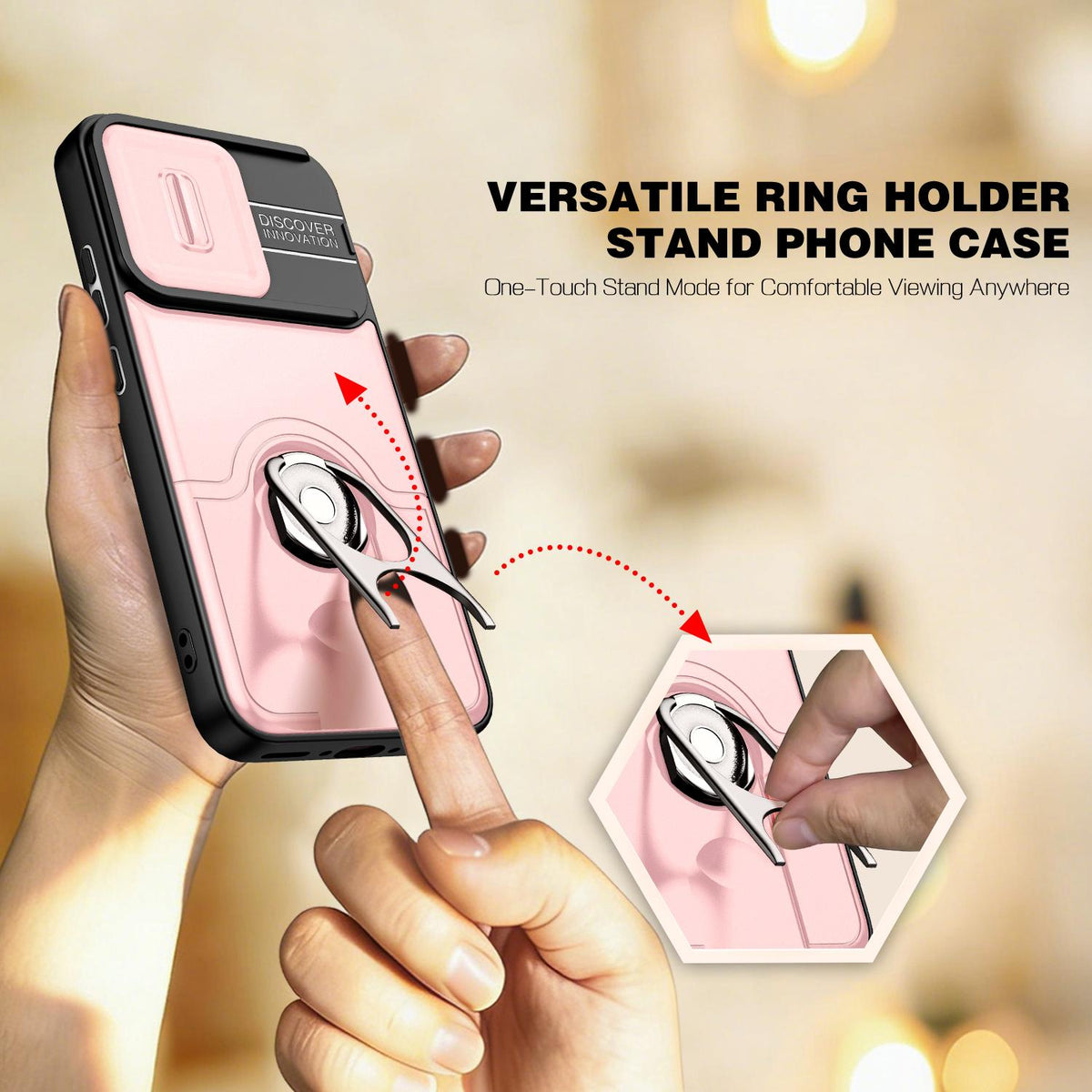 For OPPO Reno16 F 5G Global Sliding Camera Cover 2 in 1 Rotating Holder Air Bag Shockproof Phone Case - Pink - EDA009696105E
