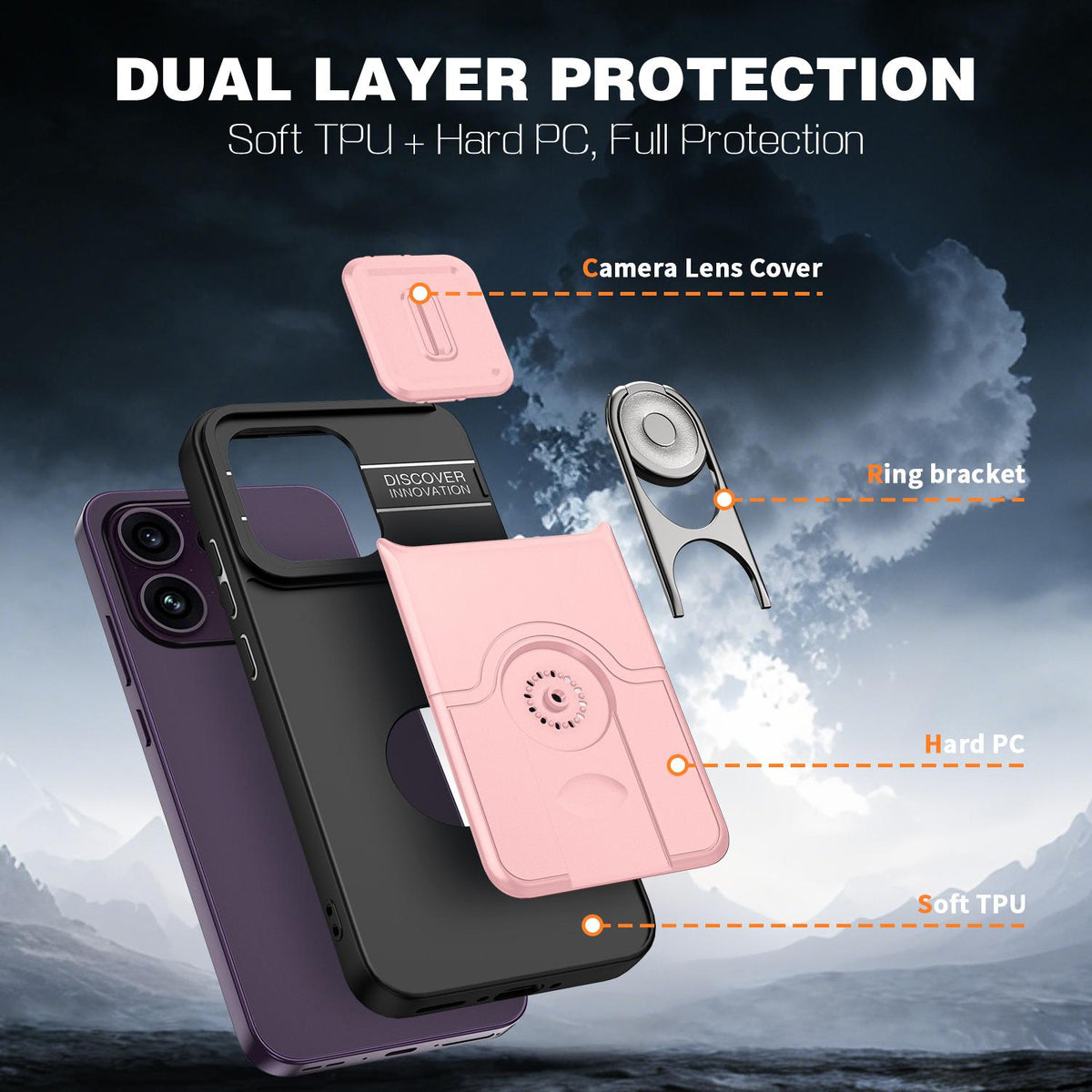 For OPPO Reno16 F 5G Global Sliding Camera Cover 2 in 1 Rotating Holder Air Bag Shockproof Phone Case - Pink - EDA009696105E