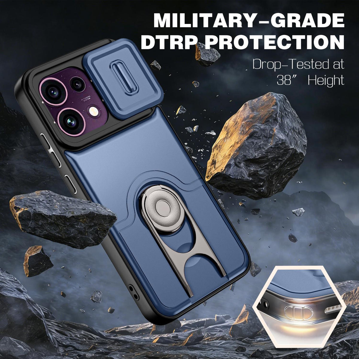 For OPPO Reno16 F 5G Global Sliding Camera Cover 2 in 1 Rotating Holder Air Bag Shockproof Phone Case - Blue - EDA009696105G