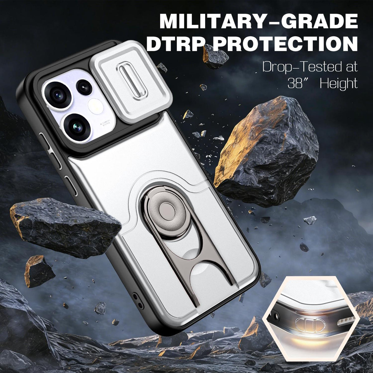 For OPPO Reno16 5G Global Sliding Camera Cover 2 in 1 Rotating Holder Air Bag Shockproof Phone Case - Silvery - EDA009696106A