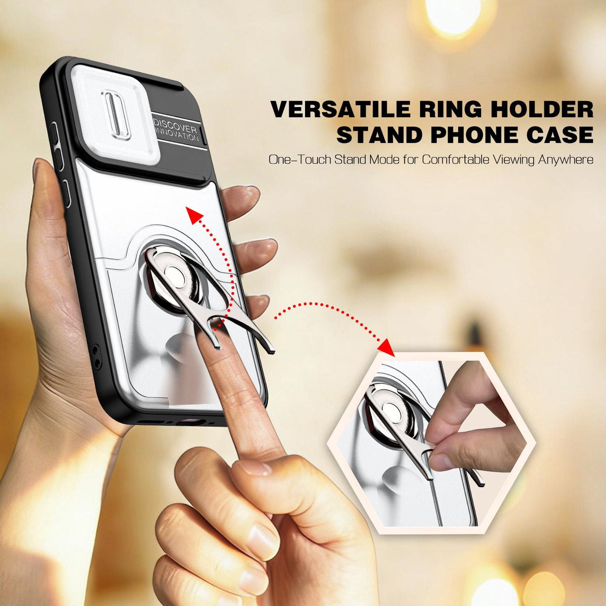 For OPPO Reno16 5G Global Sliding Camera Cover 2 in 1 Rotating Holder Air Bag Shockproof Phone Case - Silvery - EDA009696106A