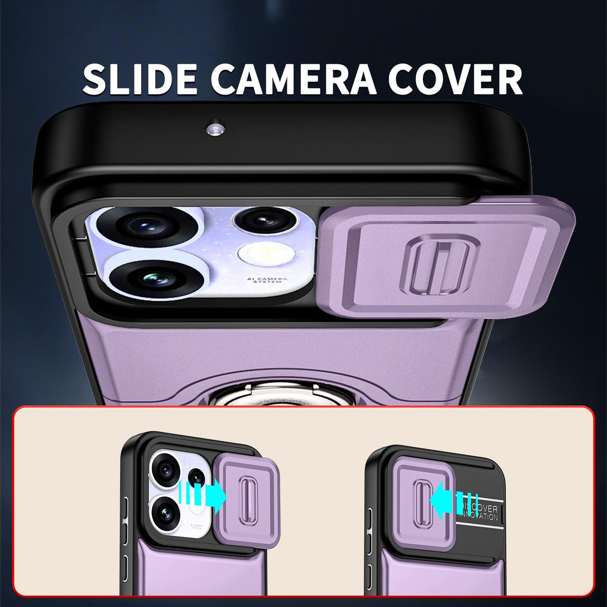 For OPPO Reno16 5G Global Sliding Camera Cover 2 in 1 Rotating Holder Air Bag Shockproof Phone Case - Purple - EDA009696106C