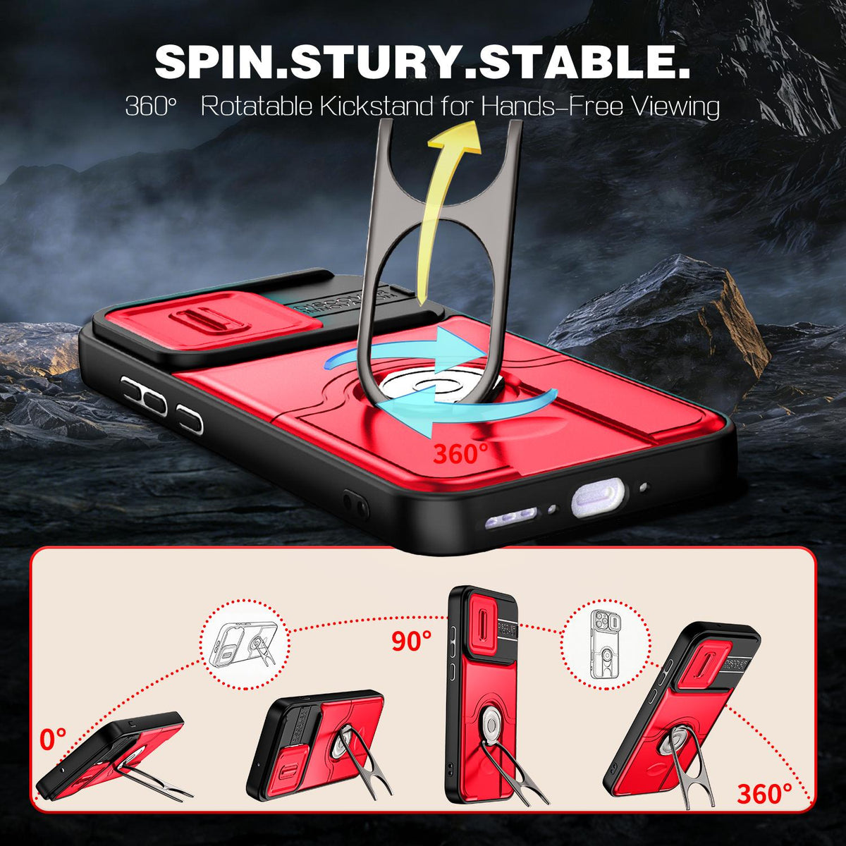 For OPPO Reno16 5G Global Sliding Camera Cover 2 in 1 Rotating Holder Air Bag Shockproof Phone Case - Red - EDA009696106D