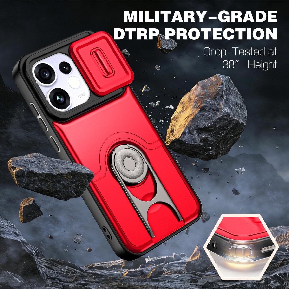 For OPPO Reno16 5G Global Sliding Camera Cover 2 in 1 Rotating Holder Air Bag Shockproof Phone Case - Red - EDA009696106D