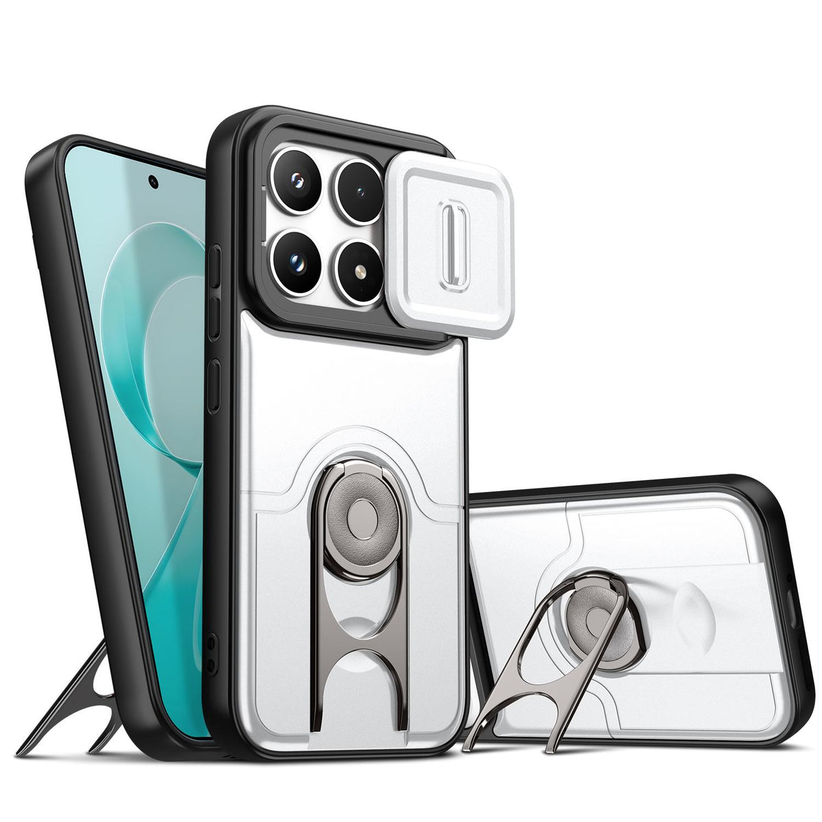 For Redmi K90/Poco F8 Pro 5G Sliding Camera Cover 2 in 1 Rotating Holder Air Bag Shockproof Phone Case - Silvery - EDA009696701A