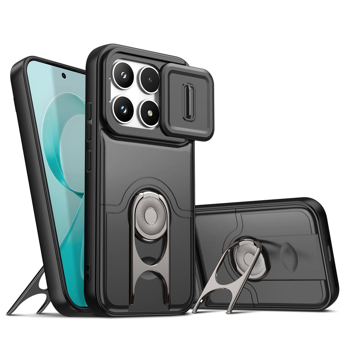 For Redmi K90/Poco F8 Pro 5G Sliding Camera Cover 2 in 1 Rotating Holder Air Bag Shockproof Phone Case - Black - EDA009696701B