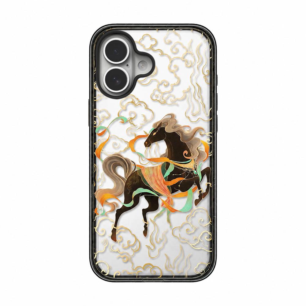 For iPhone 16 Plus Chinese Style Horse Acrylic TPU Phone Case - Black Gold Pegasus - EDA009697807C