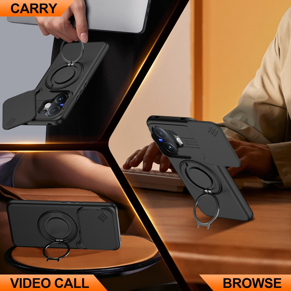 For vivo V60 5G Camera Sliding Shield Magnetic Rotation Holder Phone Case - Black - EDA009701102A