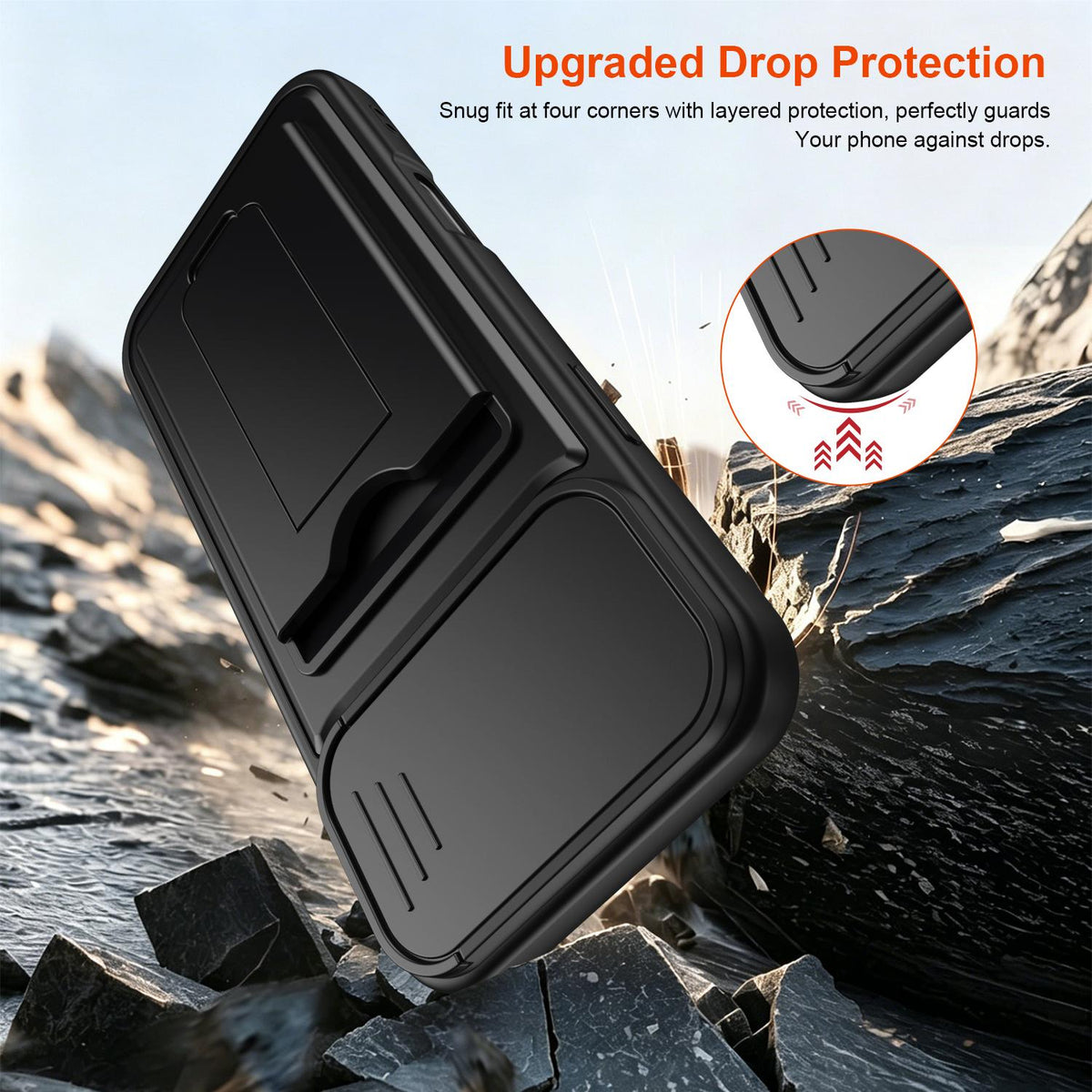 For iPhone 16 Pro Max Card Holder Series Sliding Lens Cover PC Hybrid TPU Phone Case - Black - EDA009704004D