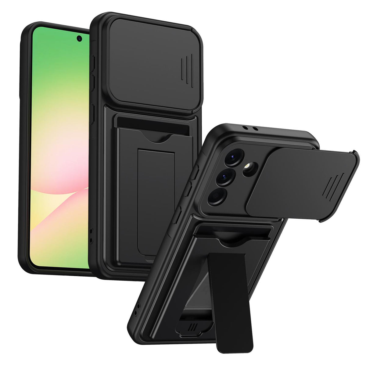 For Galaxy A26 5G / A17 Card Holder Series Sliding Lens Cover PC Hybrid TPU Phone Case - Black - EDA009708201D