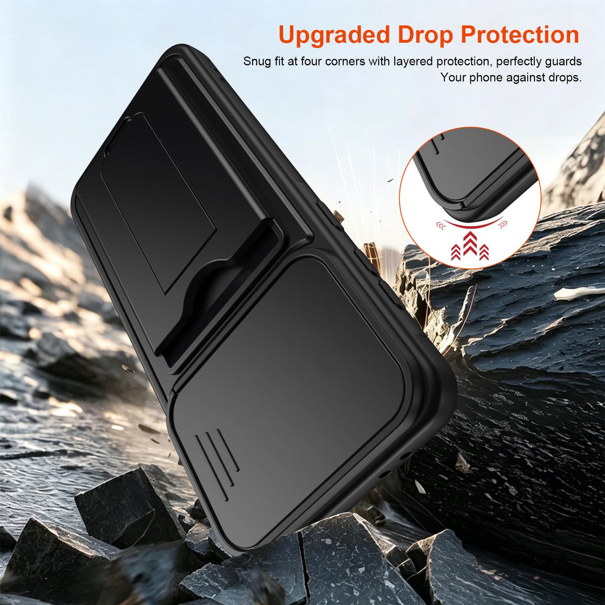 For Galaxy A26 5G / A17 Card Holder Series Sliding Lens Cover PC Hybrid TPU Phone Case - Black - EDA009708201D