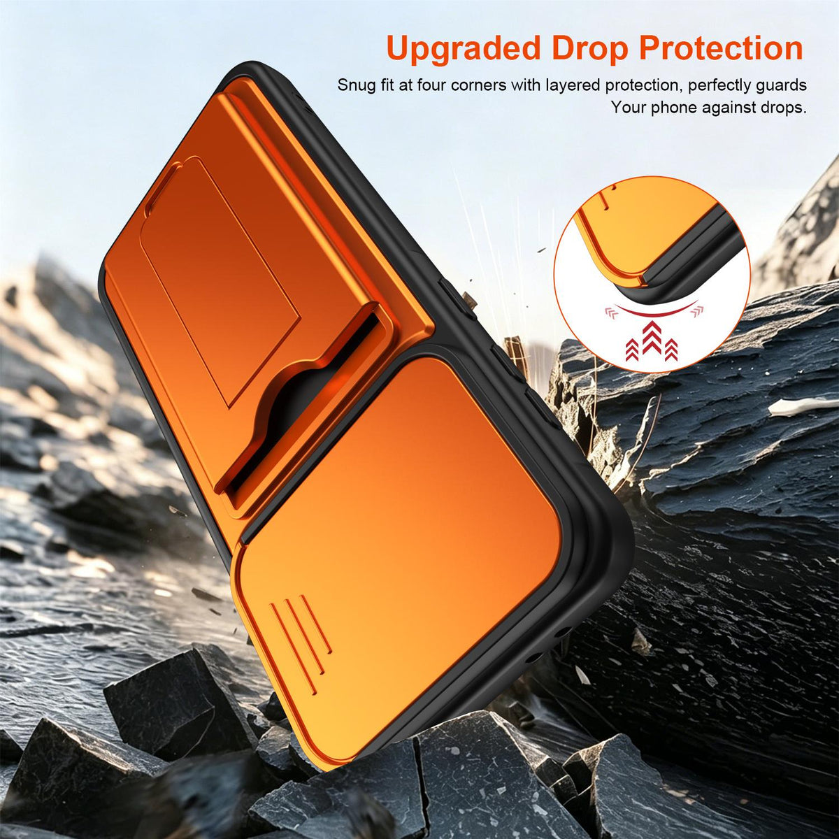 For Galaxy A36 5G Card Holder Series Sliding Lens Cover PC Hybrid TPU Phone Case - Orange - EDA009708203C