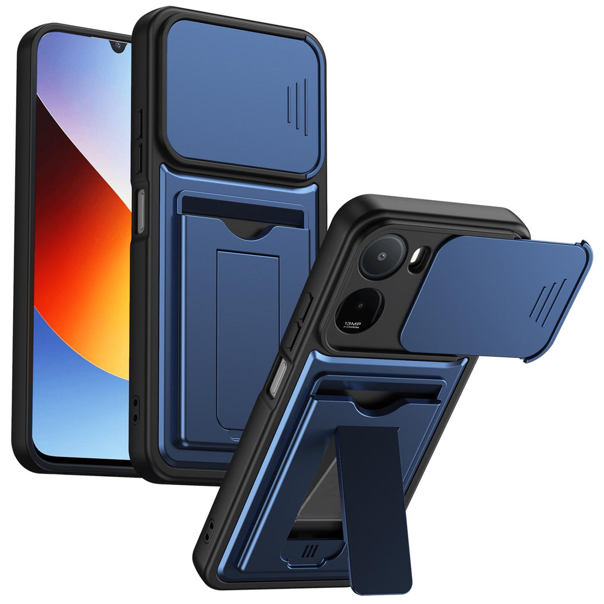 For Redmi A7 Pro 171mm / Redmi 15a 5G Card Holder Series Sliding Lens Cover PC Hybrid TPU Phone Case - Blue - EDA009708401B