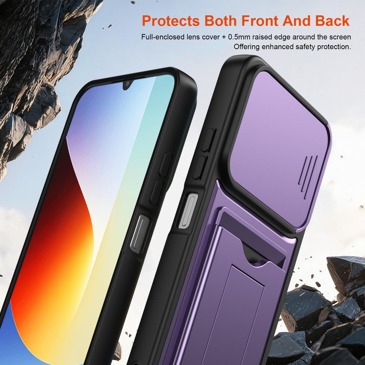 For Redmi A7 Pro 171mm / Redmi 15a 5G Card Holder Series Sliding Lens Cover PC Hybrid TPU Phone Case - Orange - EDA009708401C