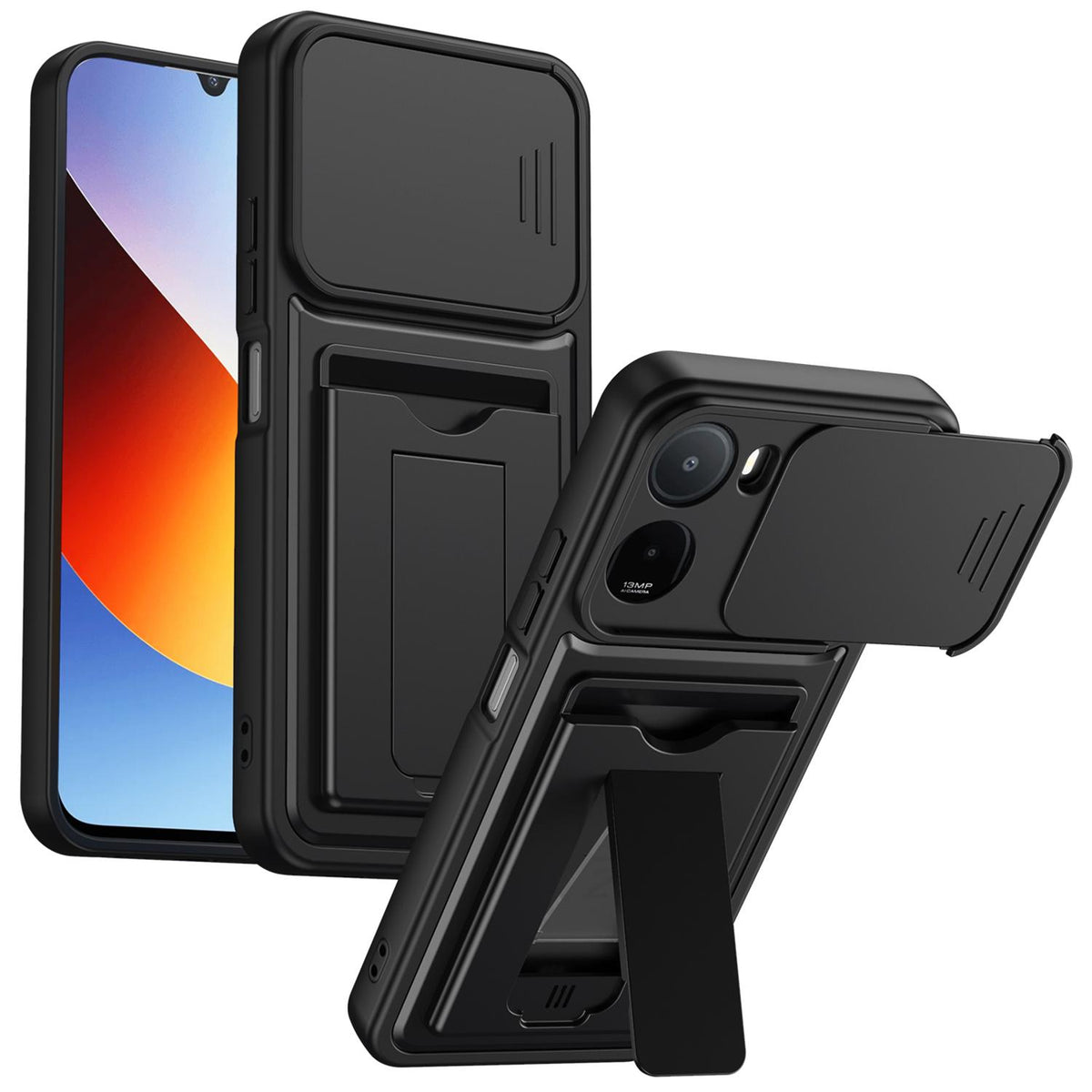 For Redmi A7 Pro 171mm / Redmi 15a 5G Card Holder Series Sliding Lens Cover PC Hybrid TPU Phone Case - Black - EDA009708401D