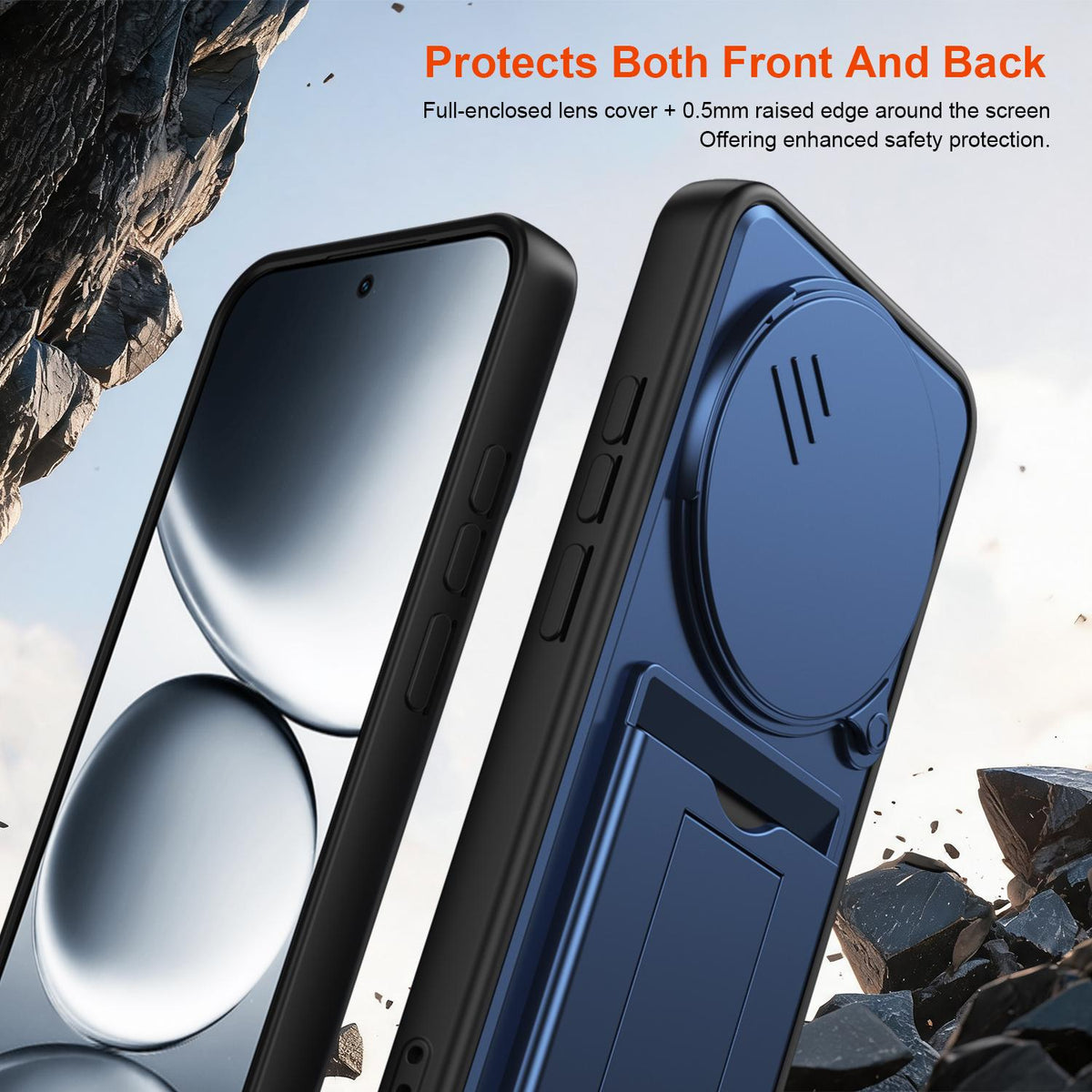 For Redmi Note 15 Pro+ 5G Global 163.3mm Card Holder Series Sliding Lens Cover PC Hybrid TPU Phone Case - Blue - EDA009708406B
