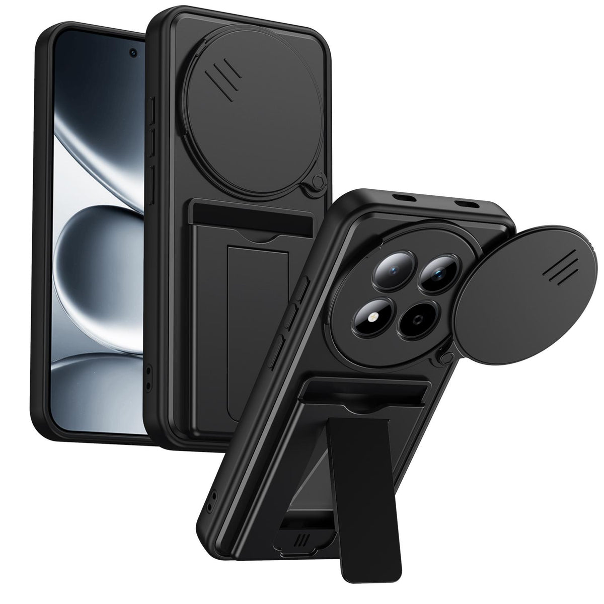 For Redmi Note 15 Pro+ 5G Global 163.3mm Card Holder Series Sliding Lens Cover PC Hybrid TPU Phone Case - Black - EDA009708406D