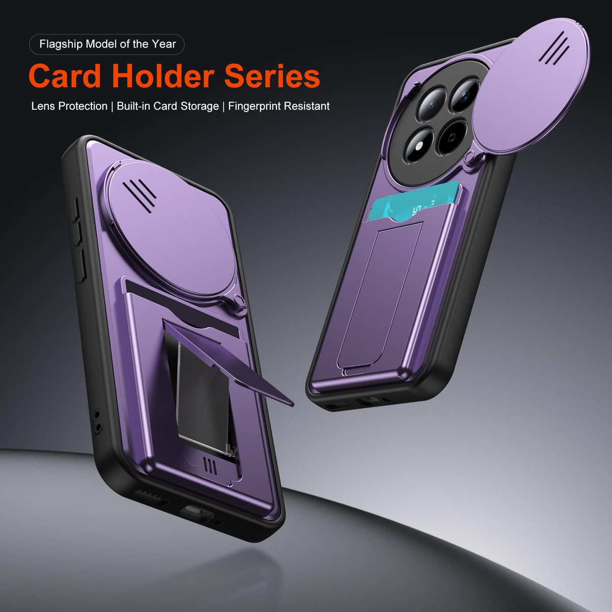 For Redmi Note 15 Pro+ 5G Global 163.3mm Card Holder Series Sliding Lens Cover PC Hybrid TPU Phone Case - Purple - EDA009708406E