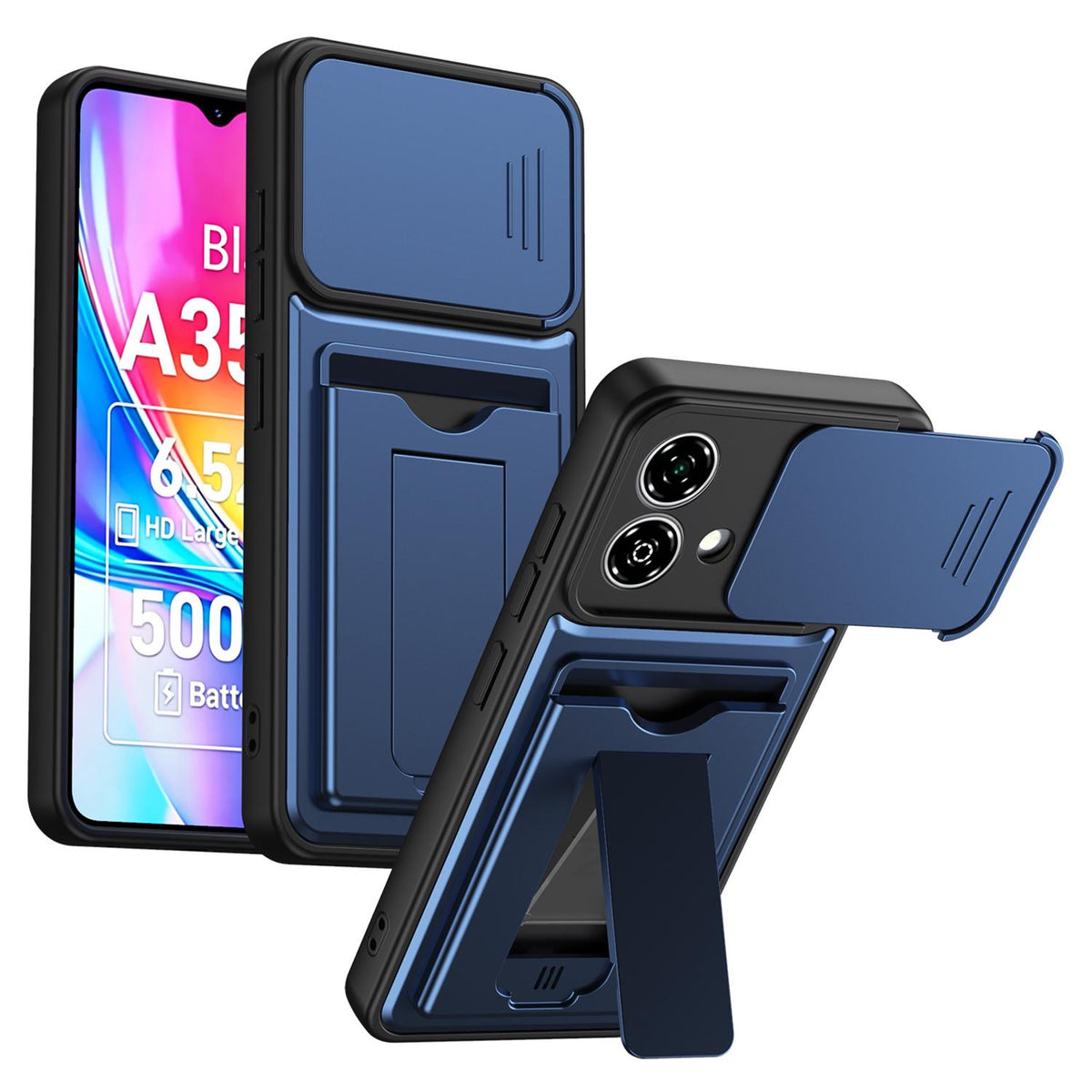 For ZTE Blade A35e 4G Card Holder Series Sliding Lens Cover PC Hybrid TPU Phone Case - Blue - EDA009708601B