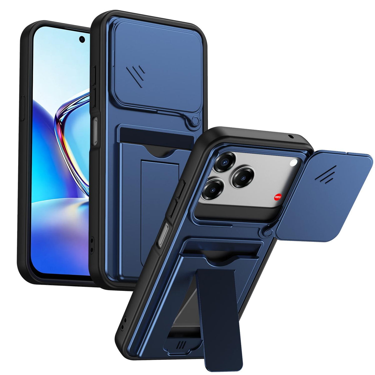 For ZTE Blade V80 / V80 Pro / V80 Design Card Holder Series Sliding Lens Cover PC Hybrid TPU Phone Case - Blue - EDA009708605B