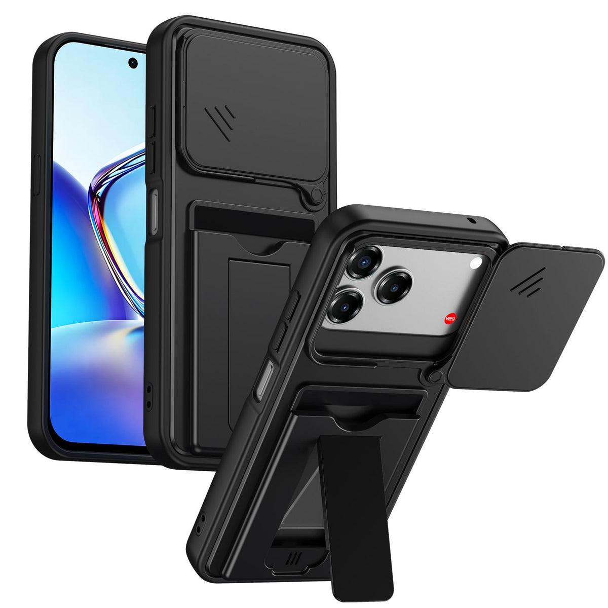 For ZTE Blade V80 / V80 Pro / V80 Design Card Holder Series Sliding Lens Cover PC Hybrid TPU Phone Case - Black - EDA009708605D