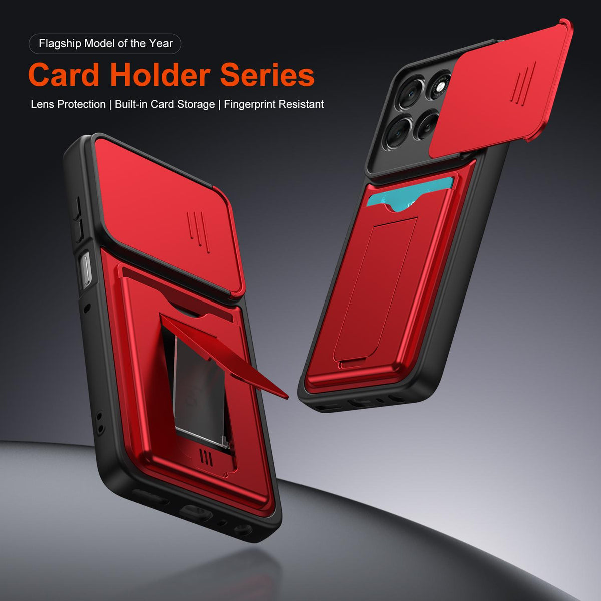 For Motorola Moto G57 Power 5G / G67 Power 5G Card Holder Series Sliding Lens Cover PC Hybrid TPU Phone Case - Red - EDA009708706A