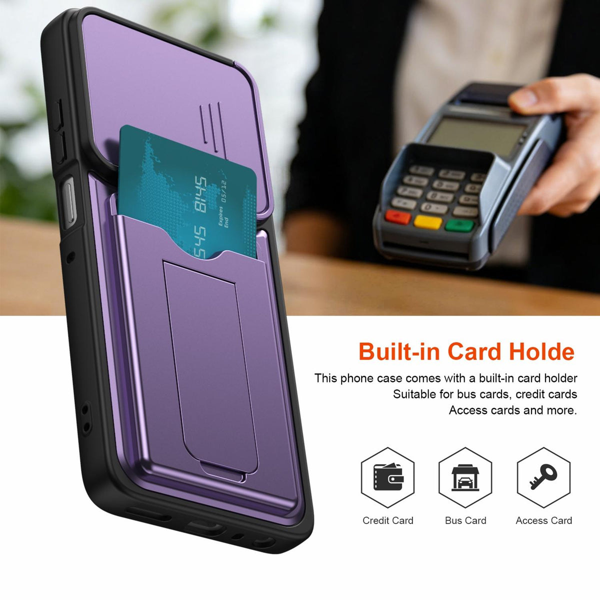 For Motorola Moto G57 Power 5G / G67 Power 5G Card Holder Series Sliding Lens Cover PC Hybrid TPU Phone Case - Purple - EDA009708706E