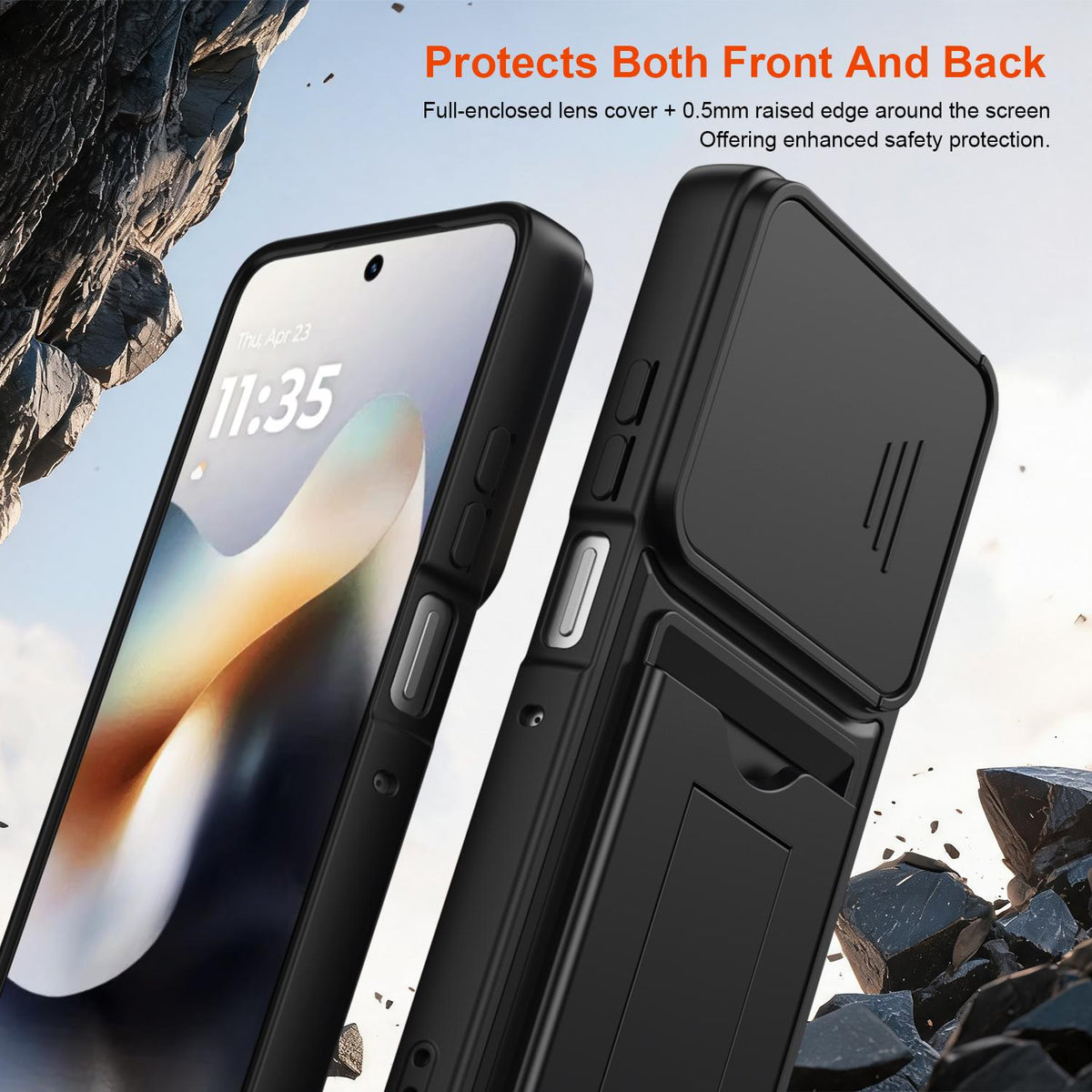 For Motorola Moto G86 5G Card Holder Series Sliding Lens Cover PC Hybrid TPU Phone Case - Black - EDA009708707D