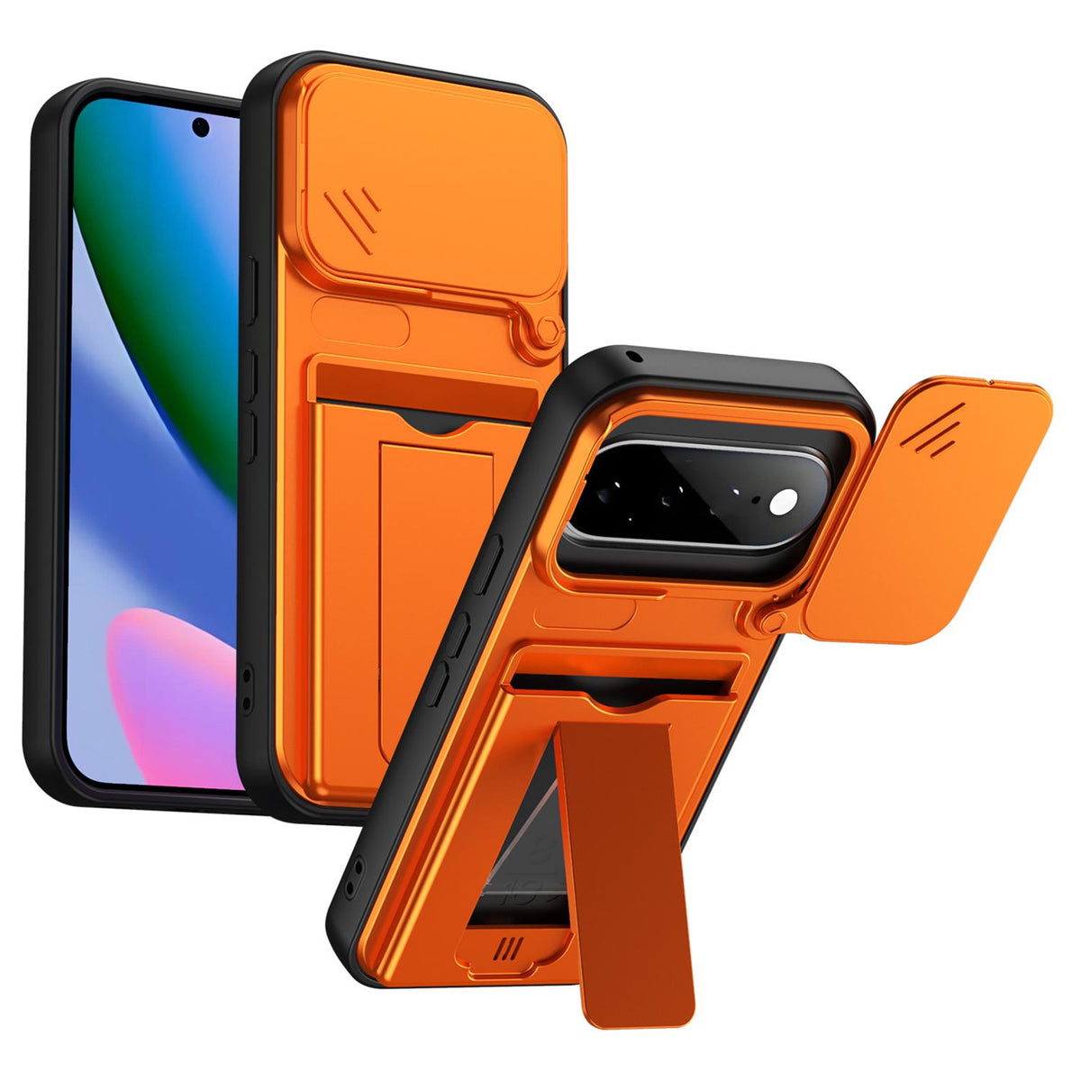 For Google Pixel 11 / Pixel 11 Pro Card Holder Series Sliding Lens Cover PC Hybrid TPU Phone Case - Orange - EDA009708904C