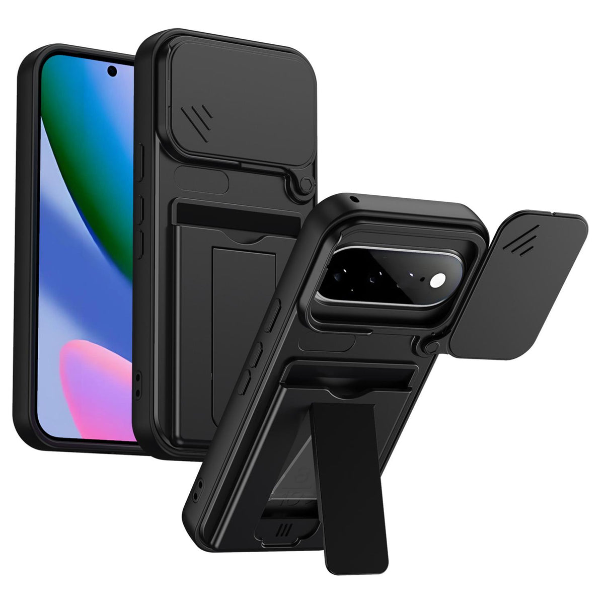 For Google Pixel 11 / Pixel 11 Pro Card Holder Series Sliding Lens Cover PC Hybrid TPU Phone Case - Black - EDA009708904D