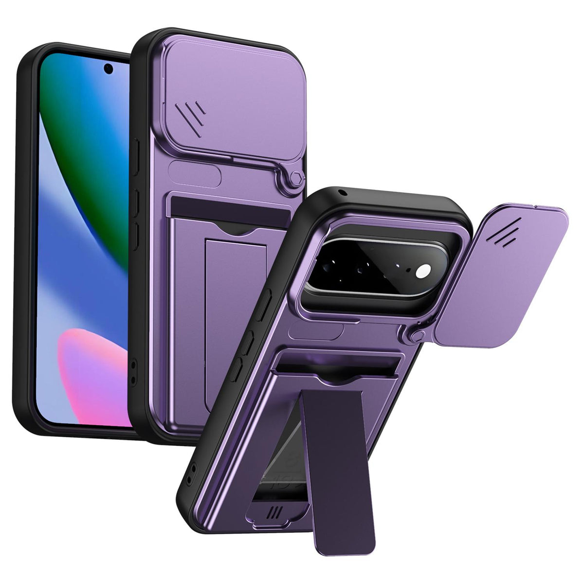 For Google Pixel 11 / Pixel 11 Pro Card Holder Series Sliding Lens Cover PC Hybrid TPU Phone Case - Purple - EDA009708904E