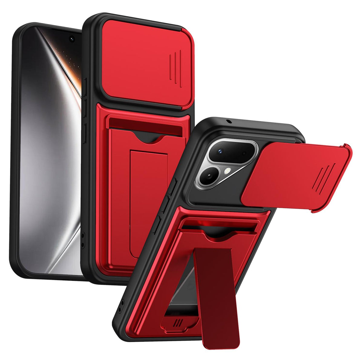 For Tecno Pova Curve 2 5G Card Holder Series Sliding Lens Cover PC Hybrid TPU Phone Case - Red - EDA009709003A