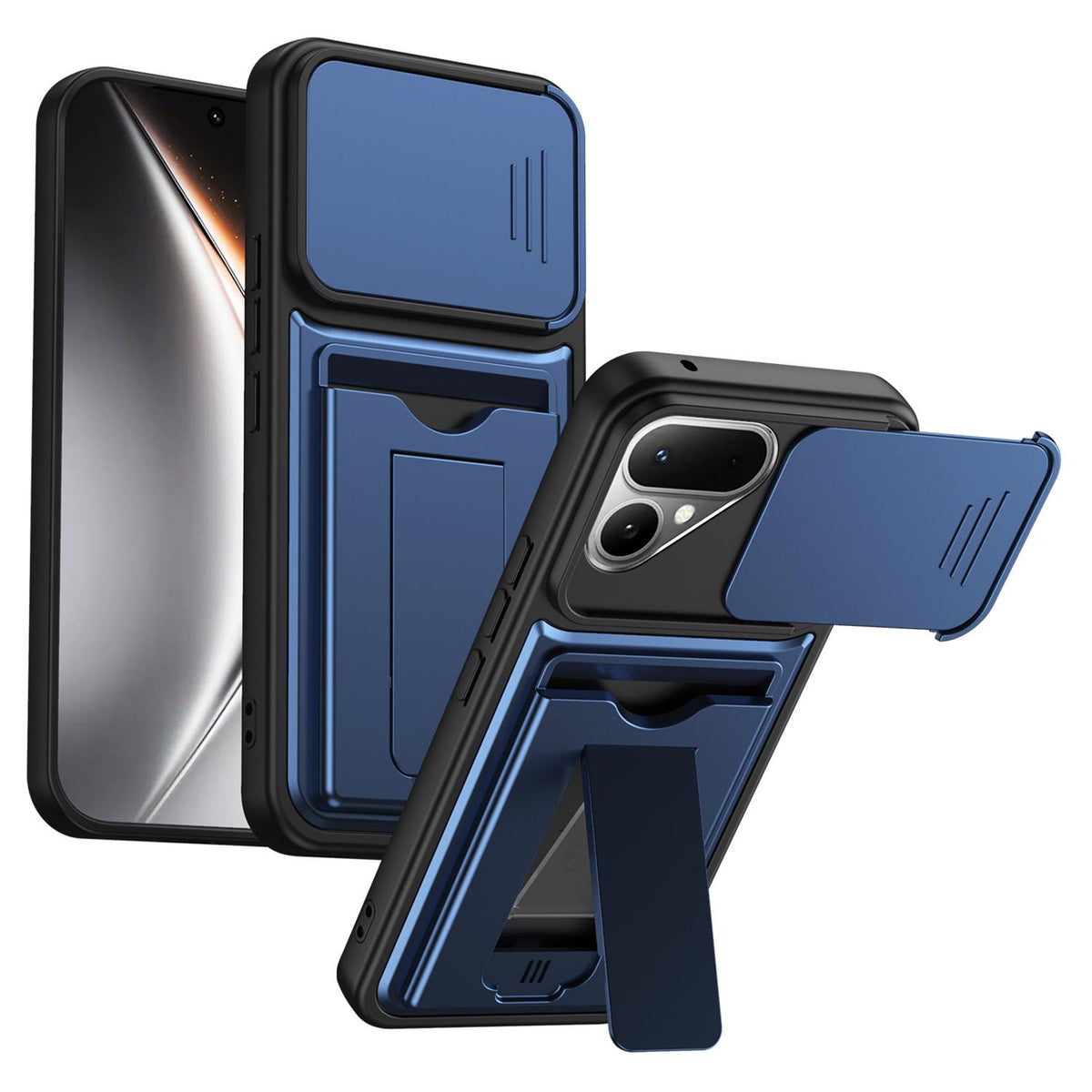 For Tecno Pova Curve 2 5G Card Holder Series Sliding Lens Cover PC Hybrid TPU Phone Case - Blue - EDA009709003B