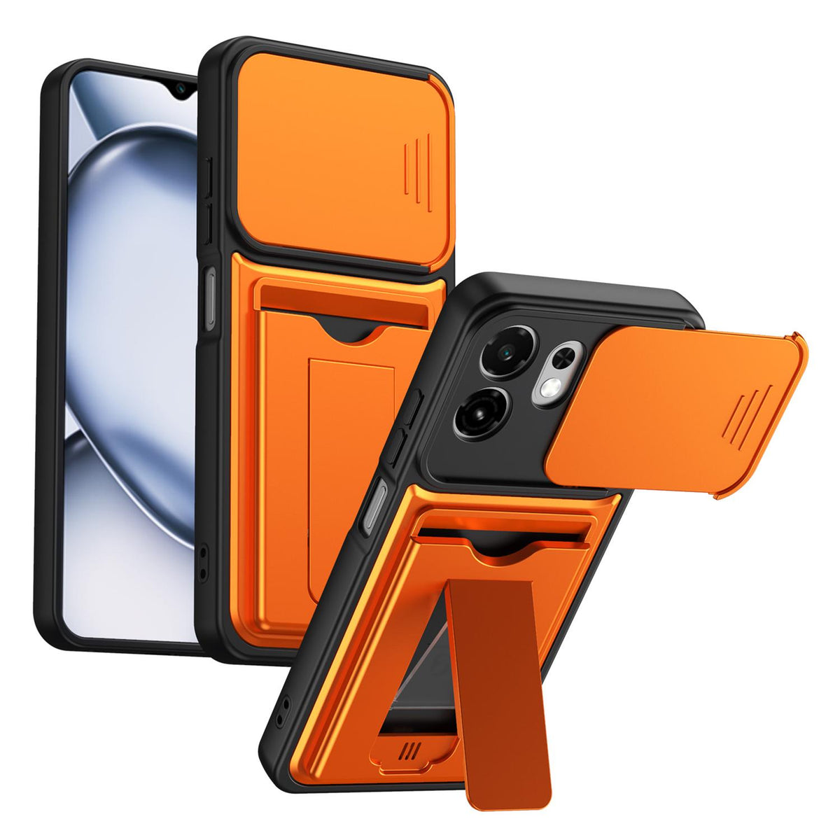 For Itel A100C 4G Card Holder Series Sliding Lens Cover PC Hybrid TPU Phone Case - Orange - EDA009709102C