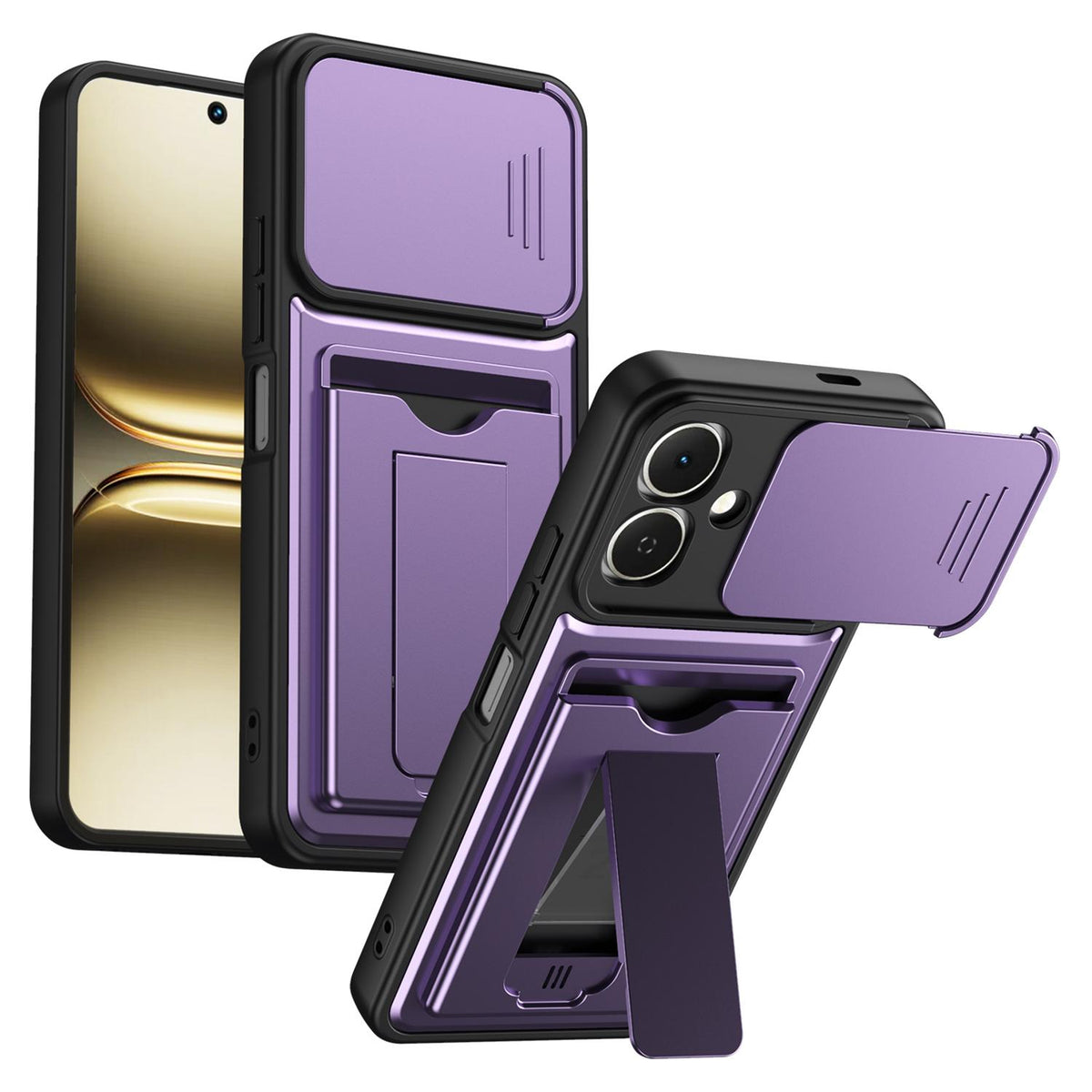 For Infinix Smart 20 4G Card Holder Series Sliding Lens Cover PC Hybrid TPU Phone Case - Purple - EDA009709405E